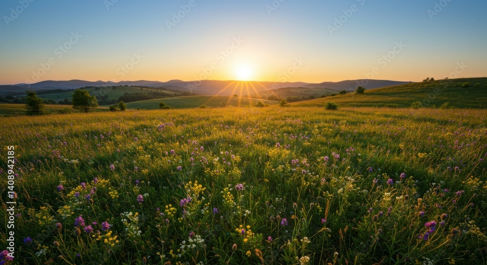 Fototapeta premium Sunset over a vibrant meadow, rolling hills and a clear sky. Golden hour light bathes the wildflowers in a warm glow, creating a peaceful and serene landscape.