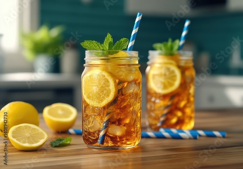 Refreshing iced tea with lemon and mint in glass jars on a wooden table, perfect for summer gatherings and warm afternoons with a tropical vibe