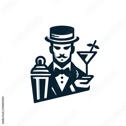 Bartender Logo With Cocktail Shaker and Martini Glass, Flat Design