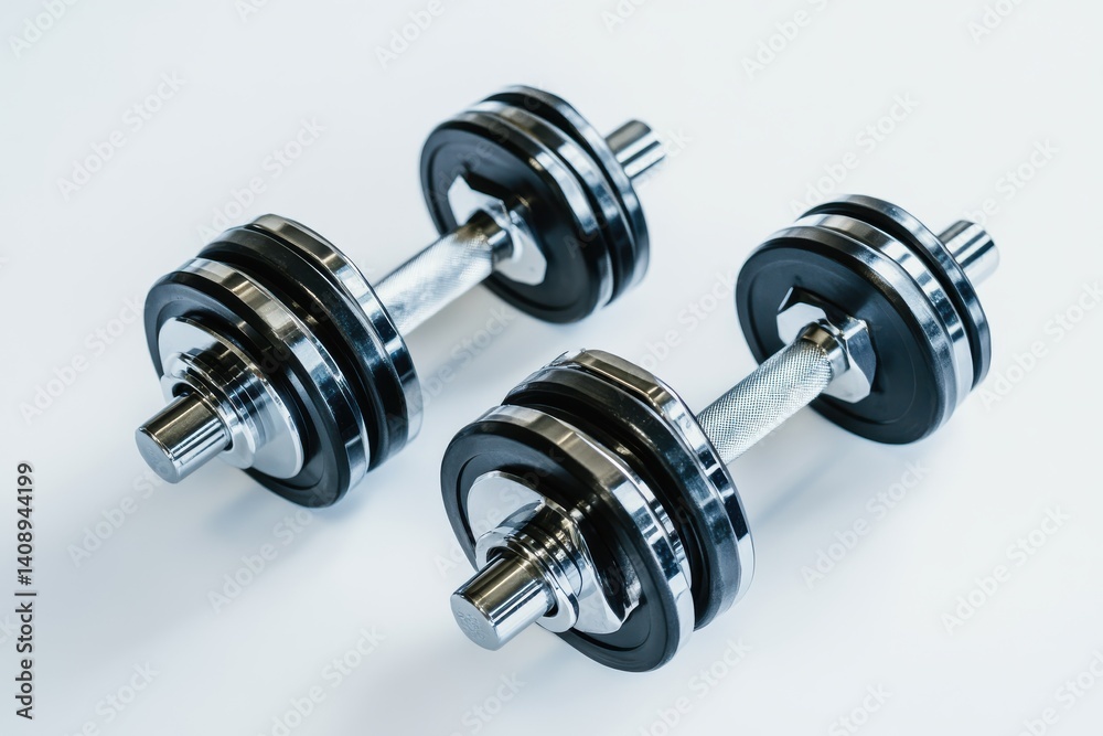 Naklejka premium Two dumbbells with black and silver weights are placed on a white surface in a studio setting