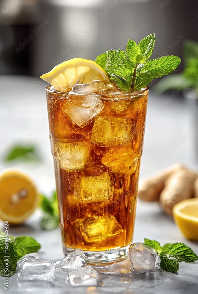 Refreshing iced tea with mint leaves, lemon slices and ice cubes in a glass on a marble surface, perfect for summer beverage inspiration Refreshing iced tea with mint leaves, lemon slices and ice cubes in a glass on a marble surface, perfect for summer beverage inspiration