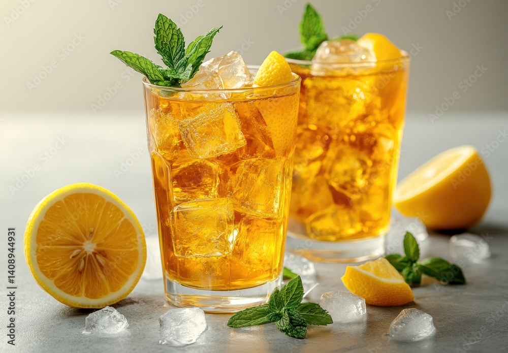 Refreshing Lemon Mint Beverage with Ice Cubes in Clear Glasses Garnished with Fresh Mint Leaves and Lemon Wedges on a Light Gray Background Refreshing Lemon Mint Beverage with Ice Cubes in Clear Glasses Garnished with Fresh Mint Leaves and Lemon Wedges on a Light Gray Background