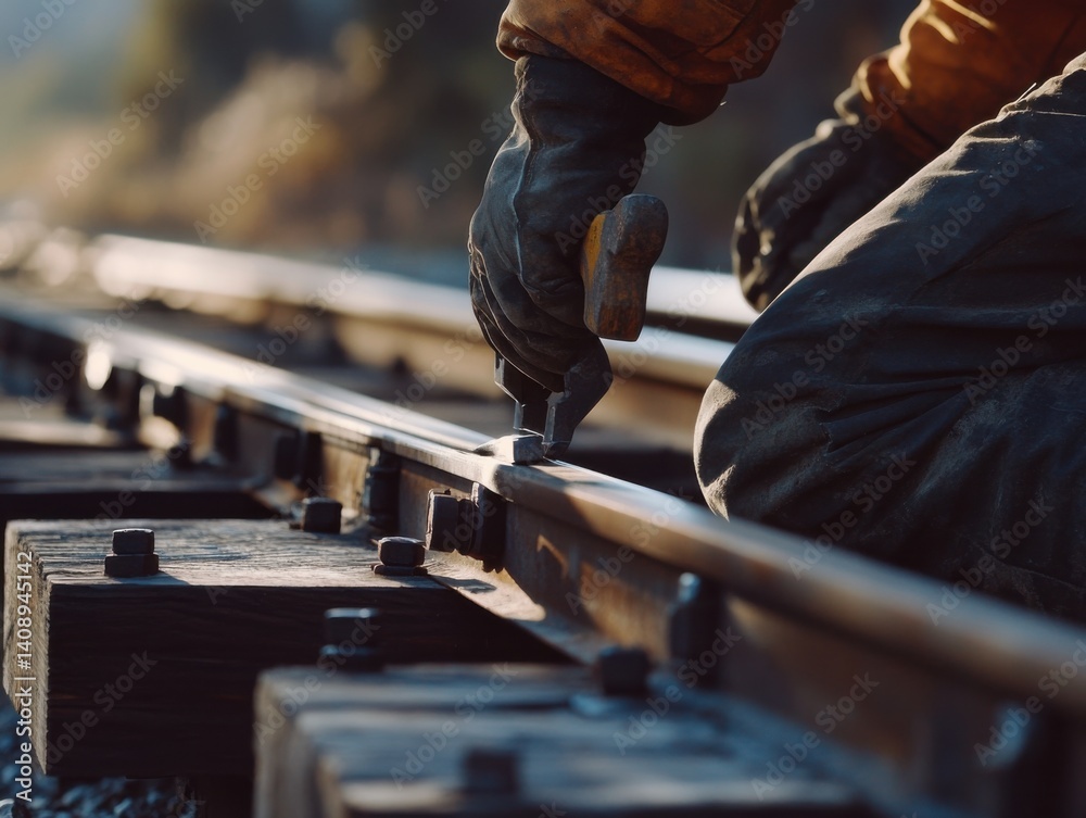 A railway track worker aligning steel rails with precision tools. Featuring transportation infrastructure and stability A railway track worker aligning steel rails with precision tools. Featuring transportation infrastructure and stability