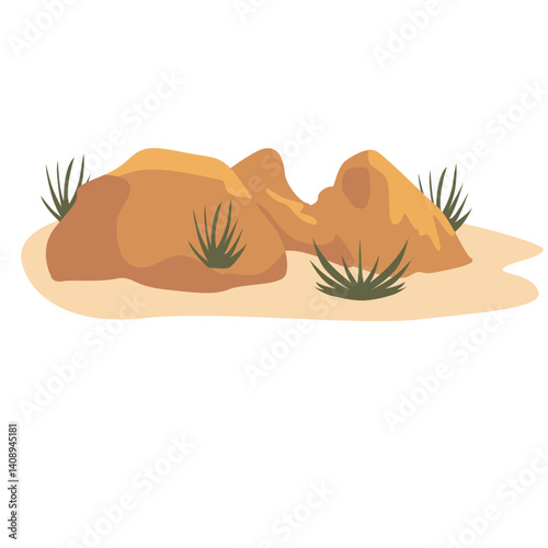 Flat illustration of desert vegetation with green and brown grasses growing from sandy soil. Ideal for nature, ecology, and environmental-themed vector projects and design assets.