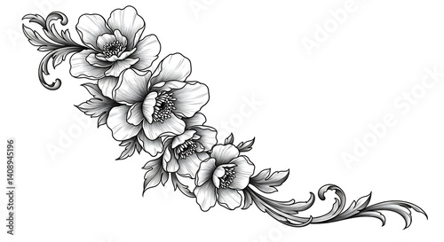 Fototapeta Naklejka Na Ścianę i Meble -  Black and white flower drawing illustration with line art on white backgrounds. Generative AI