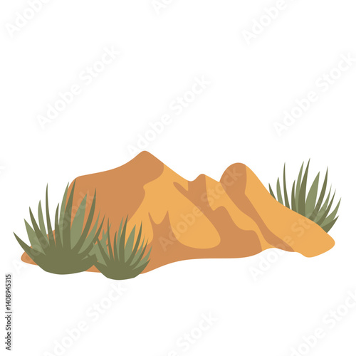 Flat illustration of desert vegetation with green and brown grasses growing from sandy soil. Ideal for nature, ecology, and environmental-themed vector projects and design assets.