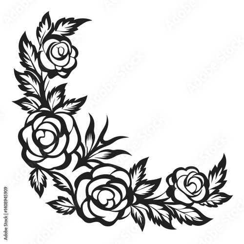 Rose Flower & Leaves Border Design Elegant Black and White Floral Corner Ornament