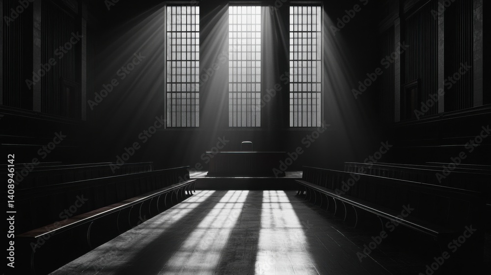 Fototapeta premium An ominous, dark courtroom with the judge's bench casting long shadows over the empty stands