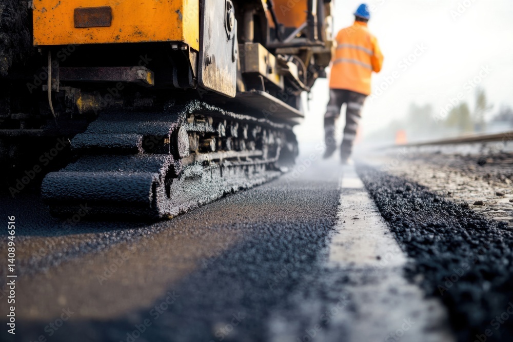 A road paver operating an asphalt machine on a highway project. Featuring precision and heavy machinery A road paver operating an asphalt machine on a highway project. Featuring precision and heavy machinery
