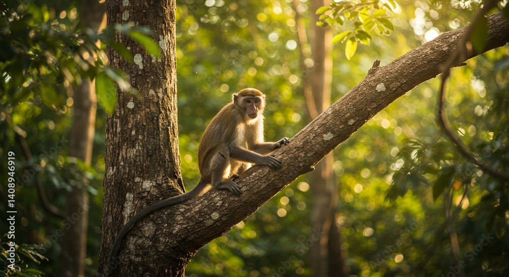 Obraz premium Monkey Sitting on Tree Branch in Lush Forest
