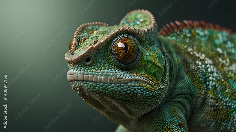 Fototapeta premium A close up shot of a chameleon with textured green skin turquoise bumps and a striking brown hued eye set against a soft blurred background
