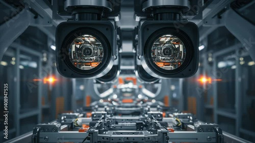 Advanced Robotic Assembly Line Featuring Precision Cameras in a Modern Industrial Environment