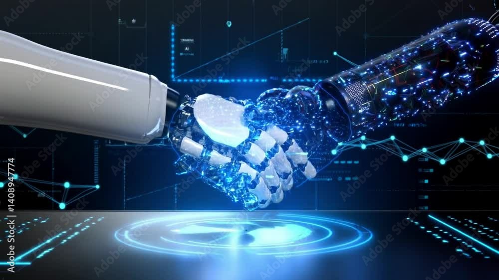 robotic ai and human hands interacting over a big data machine learning exchange network link