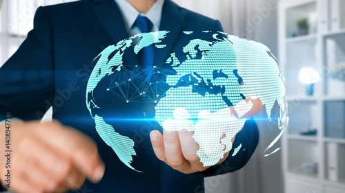 content management hand of man holding a global digital network connection hologram data-driven