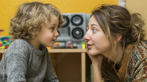 Woman Interacting with a Young Child at Eye Level