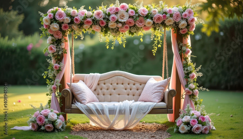A beautifully decorated outdoor swing adorned with pink roses, creating a serene and romantic atmosphere., 3D render.