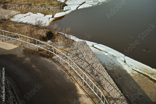 river embarkment with thawing ice
