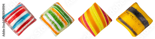 Candy. Colored hard candy. Sweets stripe pattern. Manufacture fruit, berry, sugar, delicious sweet. European candy store. Caramel confectionery. Yummy food. Macro food photo. Isolated background.
