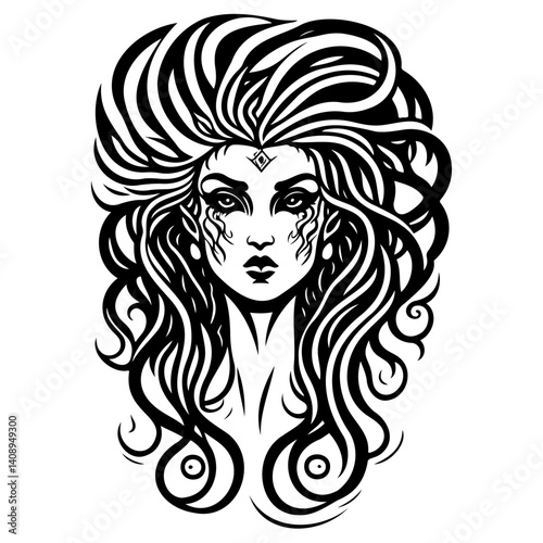 Mystical Woman with Flowing Hair Design Element