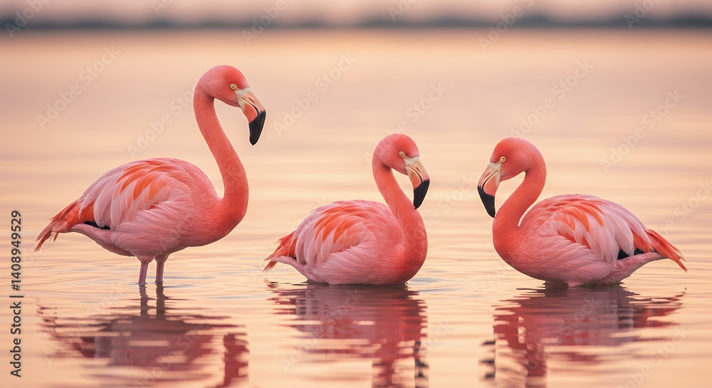 Fototapeta premium Flamingos Wading in Water at Sunset with Reflections