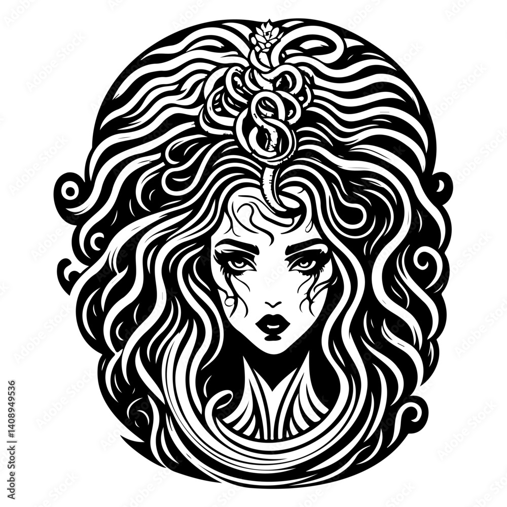 Medusa Portrait with Snake Crown Black and White Medusa Portrait with Snake Crown Black and White