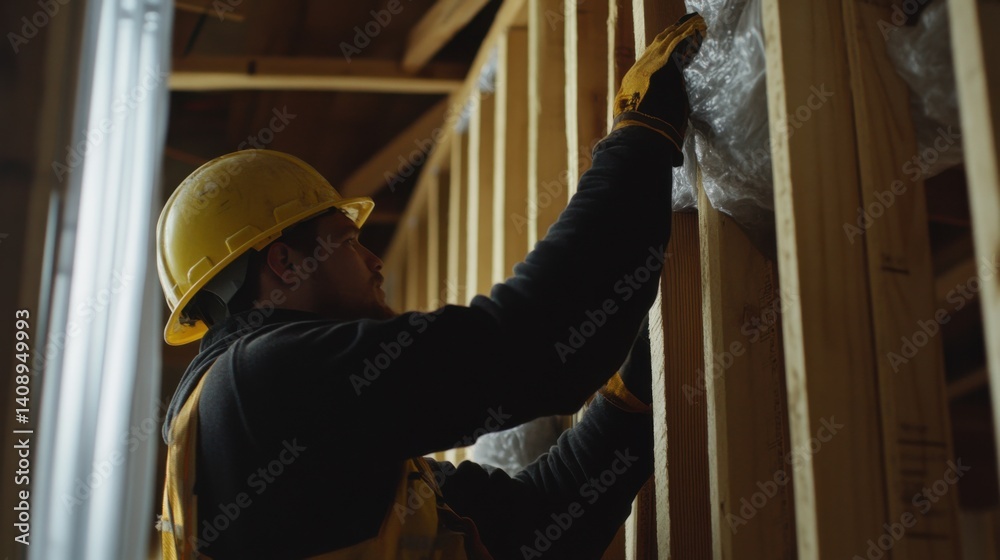 A construction worker securing insulation materials to a wall. Featuring care and efficiency A construction worker securing insulation materials to a wall. Featuring care and efficiency