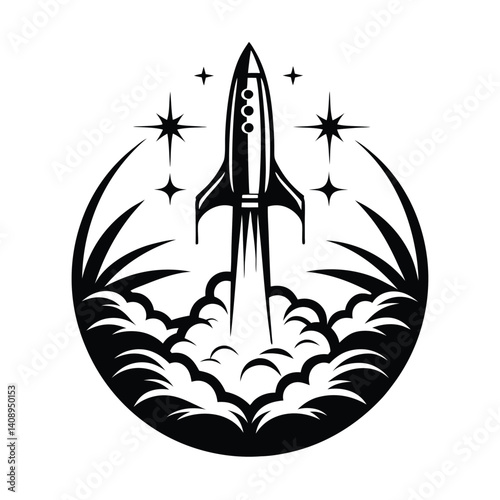 Retro Rocket Launching Silhouette, Stars & Circular Smoke Trails, Bold Icon, Black