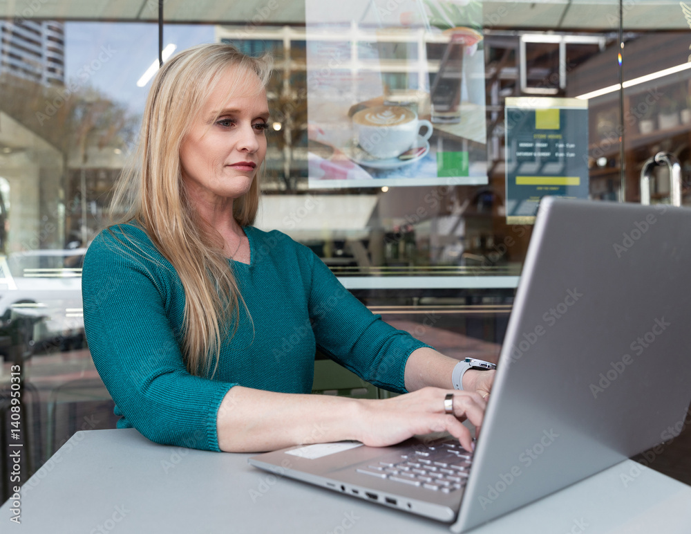 Attractive mid-age woman with heterochromia (different eye colors) working on a laptop at an outdoor cafe table, seated comfortably in a casual setting with a modern coffee shop background Attractive mid-age woman with heterochromia (different eye colors) working on a laptop at an outdoor cafe table, seated comfortably in a casual setting with a modern coffee shop background