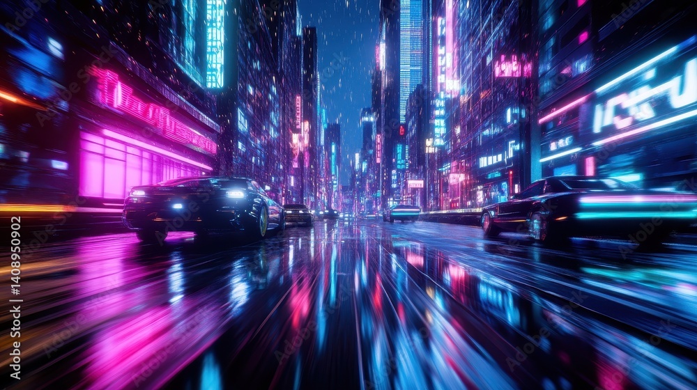 Obraz premium Cyberpunk neon city street with glowing lights and fast moving cars