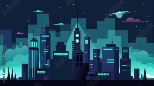 An empty city at night with only the faint hum of autonomous flying vehicles above indicating the flawless exeion of their flight paths.. Vector illustration