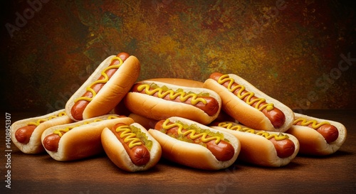 A Delicious Pile of Hot Dogs with Mustard and Relish
