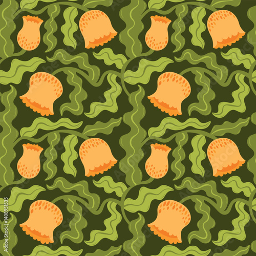 Tropical trendy seamless pattern with yellow flowers, bells, tulips, floral botanical elements, green plants, leaves, vines, creepers. Beautiful modern wallpaper for textiles, scrapbooking, interior.