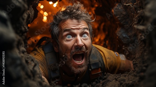 a rescue worker shouting into a hole in the ground while listening for any noise coming from a trapped person,generation ai illustration