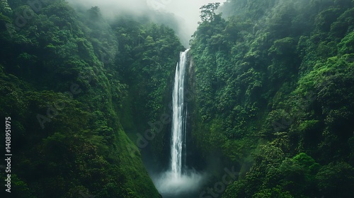 Lush rainforest waterfall cascading down a misty mountain valley.