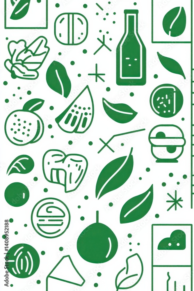 Green abstract line art depicting shapes and objects in a geometric style