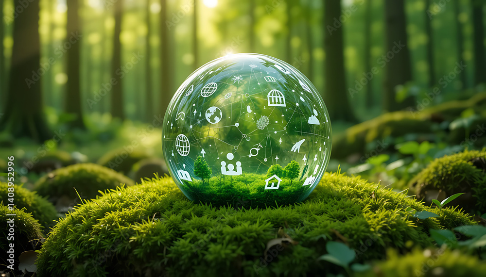 Crystal ball on moss with icons in green forest - environment esg concept, ecology and sustainable environment of the world. Eco-friendly green business. ecology, earth day, csr and net zero