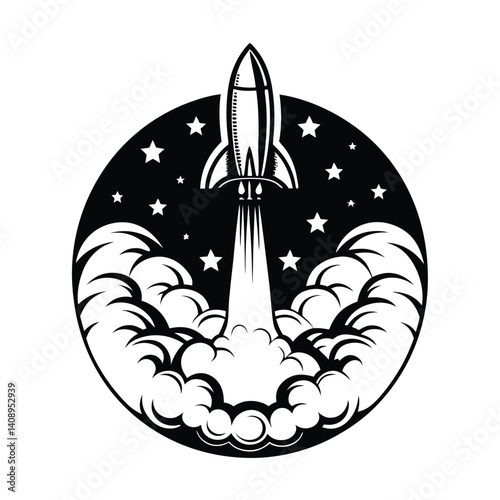 Rocket Launching in Space with Starry Background, Smoke Trails, Black and White
