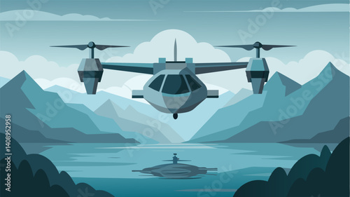 In the stillness of a misty morning an eVTOL glides silently above the tranquil sea showcasing its versatility and adaptability.. Vector illustration