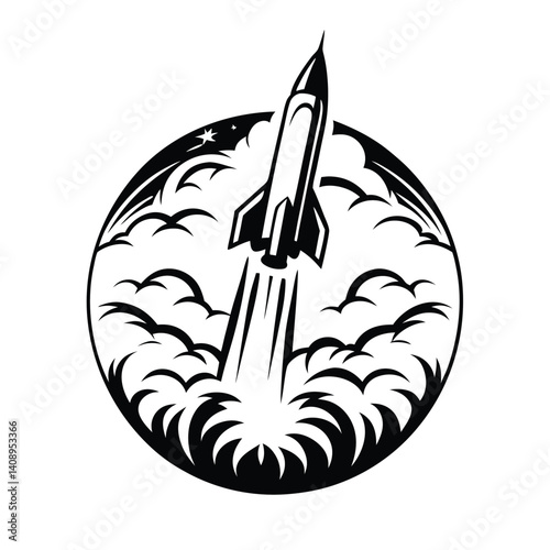 Rocket Launching in Black and White, Retro Style with Smoke Trails and Star Circle Design