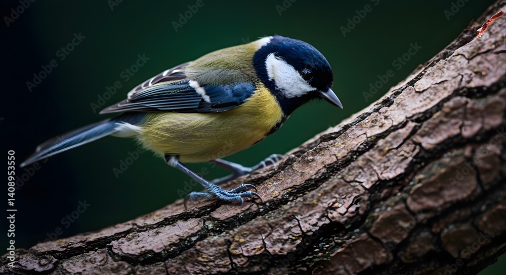 Fototapeta premium Great Tit Bird Perching on Tree Branch in Forest Environment