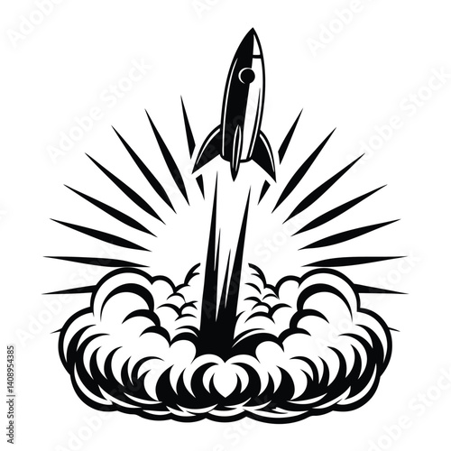 Rocket Launching Through Clouds Black and White Illustration, Smoke Trail, Retro Style