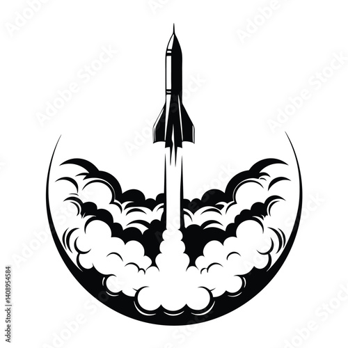 Rocket Launch Silhouette Rising Spacecraft with Smoke Trails in Minimalist Black Design