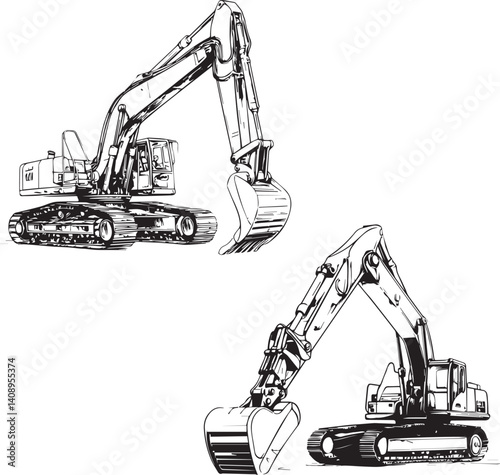 excavator set black and white on a white background