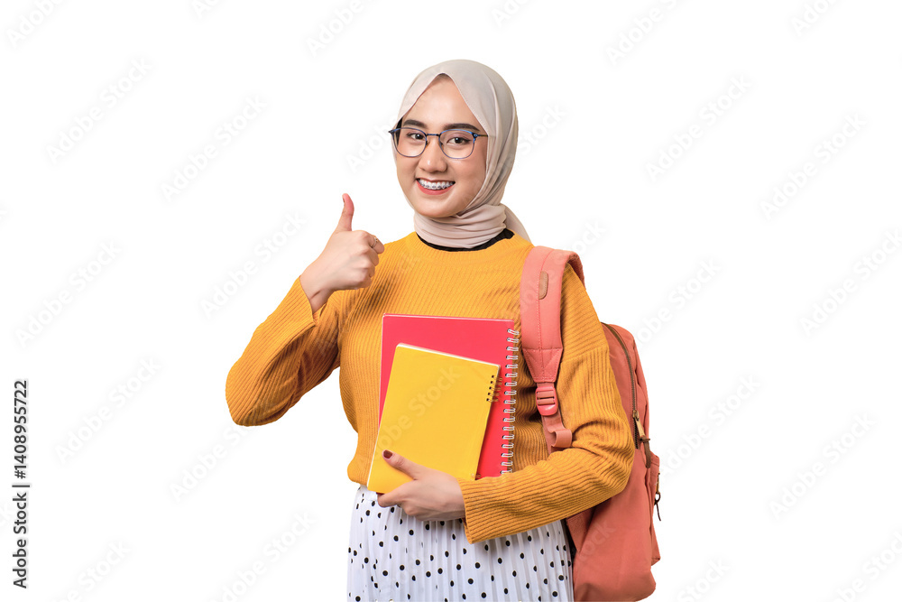 Smiling young Asian student girl with backpack holding notebook, showing thumbs up gesture isolated on transparent background Smiling young Asian student girl with backpack holding notebook, showing thumbs up gesture isolated on transparent background