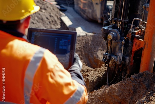 A trenchless technology operator guiding a directional drill. Featuring underground utility work