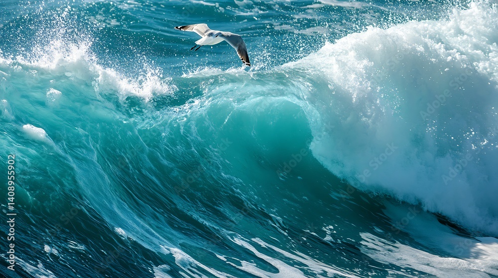 Fototapeta premium Powerful ocean waves crashing over a seagull in flight.