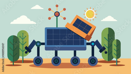 Powered by solar panels an autonomous weeding robot is able to work long hours without the need for human intervention or recharging.. Vector illustration
