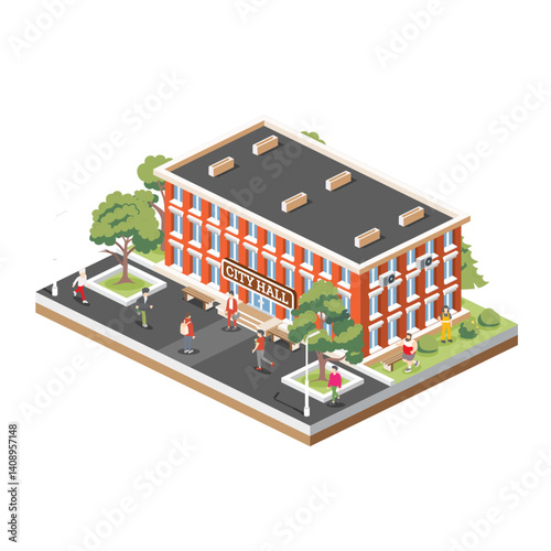 Isometric illustration of a city hall or town hall building with a red brick facade and flat roof. Building isolated on white background. Trees and benches. People walking around.