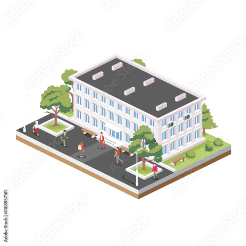 Isometric residential, city hall, town hall. Small hotel building facade. Trees and benches. People walking around.