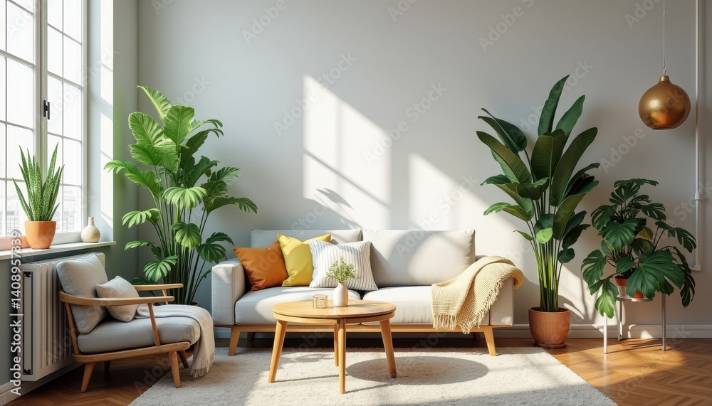 Fototapeta premium Cozy and Modern Living Room with Indoor Plants and Natural Light